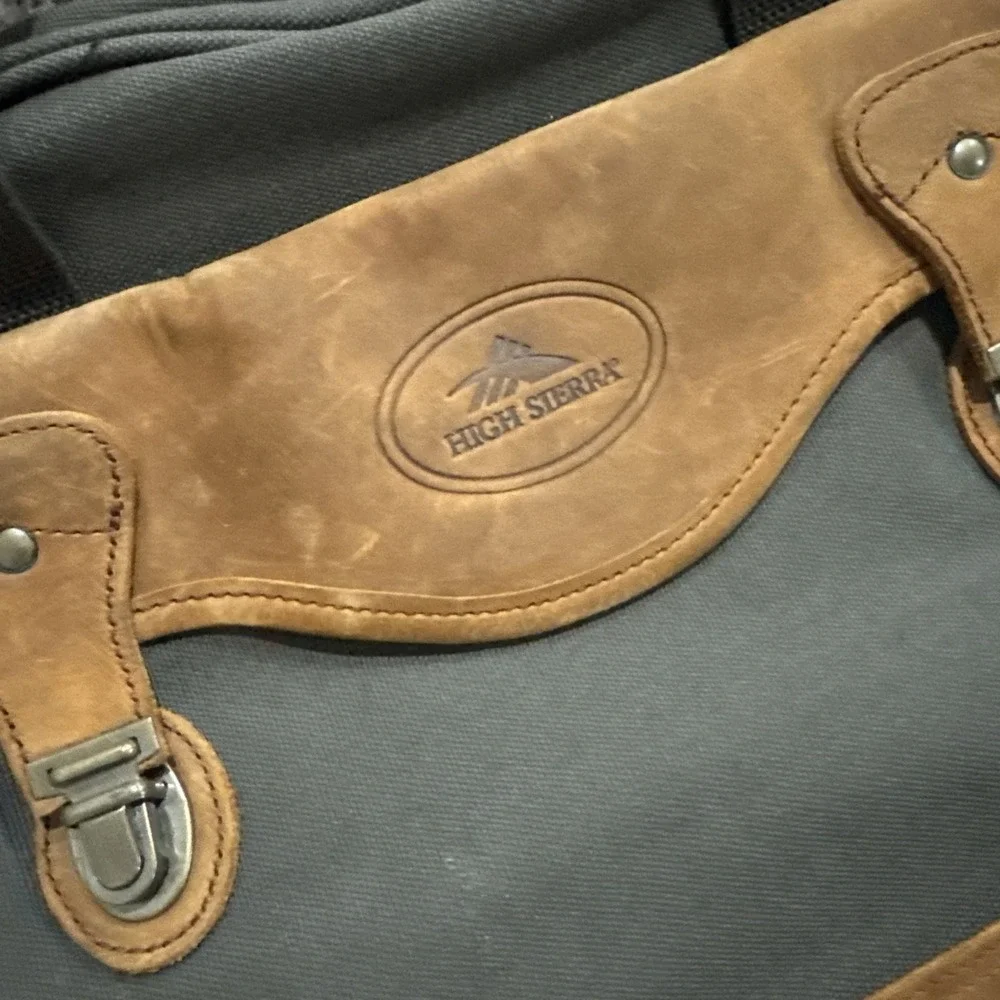 Vintage High Sierra Canvas Leather Trim Messenger Bag Brown Brass Buckles